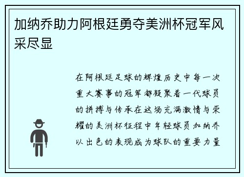 加纳乔助力阿根廷勇夺美洲杯冠军风采尽显 加纳乔助力阿根廷勇夺美洲杯冠军风采尽显